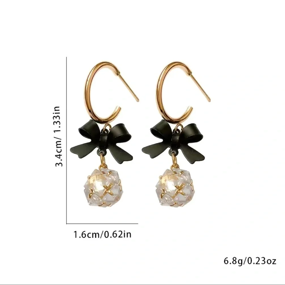 Diamond Ball Earrings with Bowknot Shape Pendant - Picture 4 of 7
